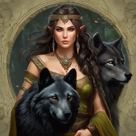 (beautiful elf druid girl 1.3) hug a big black wolf (background&#39;extremely detailed unity 8k cg display, head of&#39;artwork,...