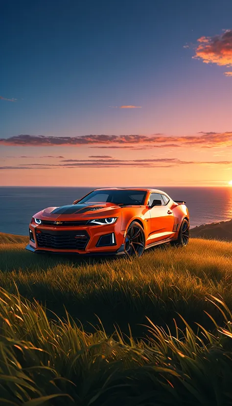 High quality, 8K Ultra HD. The image shows a boy next to an anime Camaro ZL1 looking at the ocean at sunrise from a grassy hill, with a background of vibrant blue sky and red and orange tones of the sun. anime art wallpaper 4k, anime art wallpaper 4K, anim...