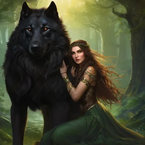 (beautiful elf druid girl 1.3) hug a big black wolf (background&#39;extremely detailed unity 8k cg display, head of&#39;artwork,...