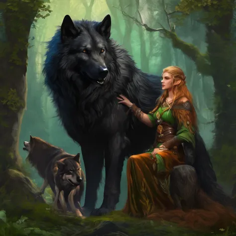 (beautiful elf druid girl 1.3) hug a big black wolf (background&#39;extremely detailed unity 8k cg display, head of&#39;artwork,...