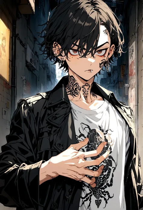 Tokyo revengers screenshot.
A boy with short hair, Black hair, dark brown eyes and a serious expression, with somewhat protruding and sharp fangs, a piercing in the left eyebrow, a neck tattoo that says 666 and another scorpion tattoo also on the neck, a m...