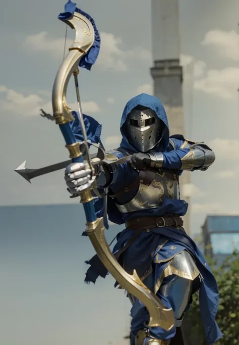 Male Knight in silver and gold armor and blue cloth wearing a blue hood and wielding a bow an arrow 