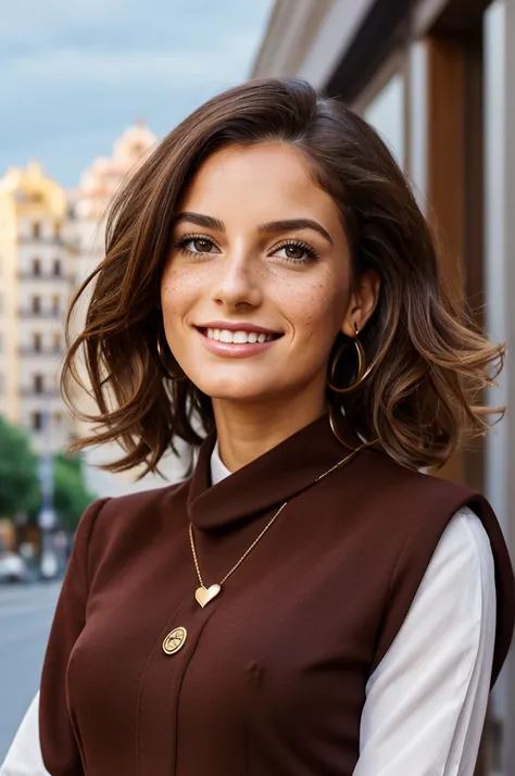 Beautiful young woman, High quality. Twenty-seven year old woman. Short stature and thin body, with curves in the right places. wide, color chocolate, curly. heart shaped face, small pretty nose with freckles, big hazel eyes, and long, bushy eyelashes. shy...