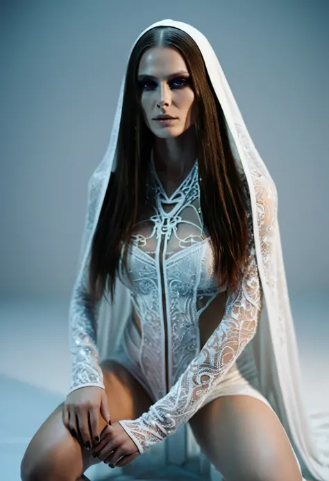 Fashionable of androgynous alien looking witch wearing veil, glowing eyes, beautiful evil slavic muscular woman, pale skin, long hair, futuristic design, minimal details, givenchy, photoreal, 200mm, hd, f/ 2.0, highly detailed, surreal, sitting, light smil...