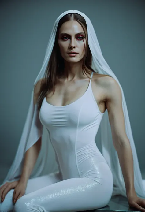 Fashionable of androgynous alien looking witch wearing veil, glowing eyes, beautiful evil slavic muscular woman, pale skin, long hair, futuristic design, minimal details, givenchy, photoreal, 200mm, hd, f/ 2.0, highly detailed, surreal, sitting, light smil...