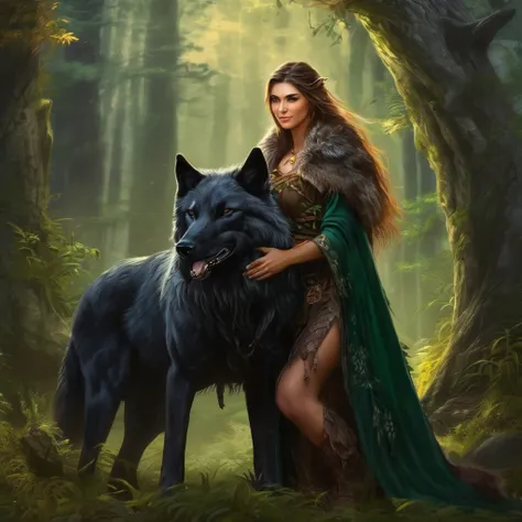 (beautiful elf druid girl 1.3) hug a big black wolf (background&#39;extremely detailed unity 8k cg display, head of&#39;artwork,...