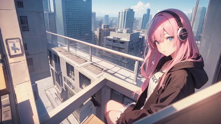 Absurd, Ultra-high resolution, (Official Art, beautifully、mysterious:1.2), Correct human body composition, Impressive eyes, light pink long hair, Larger than average bust, Girl listening to music with headphones, Looking out the window, Lo-fi Girl,  and ov...