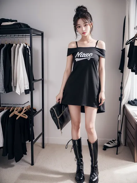 Beautiful woman wearing a black grey While standing wearing swag style clothes mini dress with decorations on the shirt and visible shoulders and wearing boots and being photographed with a background And being in a room filled with things and messy   ,Kor...