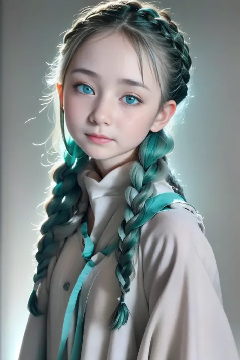 1 Girl, White skin、Caucasian、Very cute face、Small Nose、Fuller lips、Braids bundled in one、French Braid, ((Grey Hair)),(Detailed gray eyes)、Natural color tunic,National costume, Upper Body,Perfect beauty, ((Blurred Background))、((Black background)),((Shining...