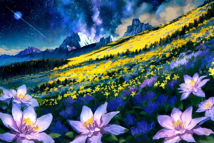 Mountain, forest, Starry Sky ,Yellow Full Moon, Intricate details,make flowers bloom,Sea of Flowers,Fantastic、Monet、vivid、oil、Meteors、Sparkling night sky、