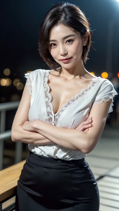 cinematic, Blue hour, (((Ultimate ultra Photorealistic, ultimate high-quality 32k photo))),(((An American shot photo, crossed arms, a40yo ultimate beautiful &cute Japanese actress, looking at viewer:1.5))),(((She has a very intelligent and ultimate beautif...