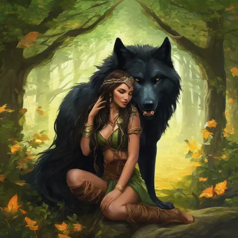 (beautiful elf druid girl 1.3) hug a big black wolf (background&#39;extremely detailed unity 8k cg display, head of&#39;artwork,...