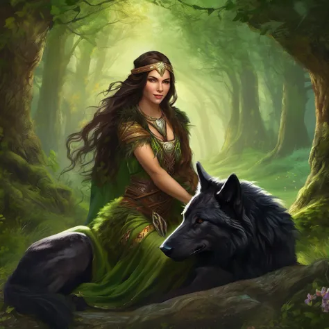 (beautiful elf druid girl 1.3) hug a big black wolf (background&#39;extremely detailed unity 8k cg display, head of&#39;artwork,...