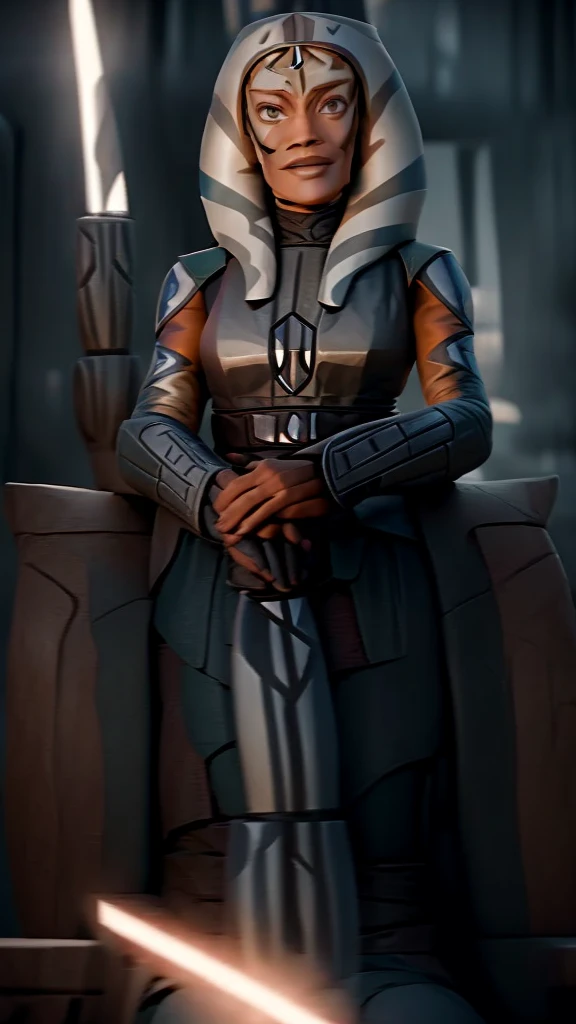 "((ahsoka)) gracefully seated on a sith throne, emanating a powerful aura."