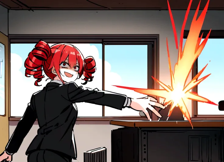 Red hair、Black suit、punch、Scary smile、office、Daytime、Destroy the computer、Momentum、Front facing、indoor