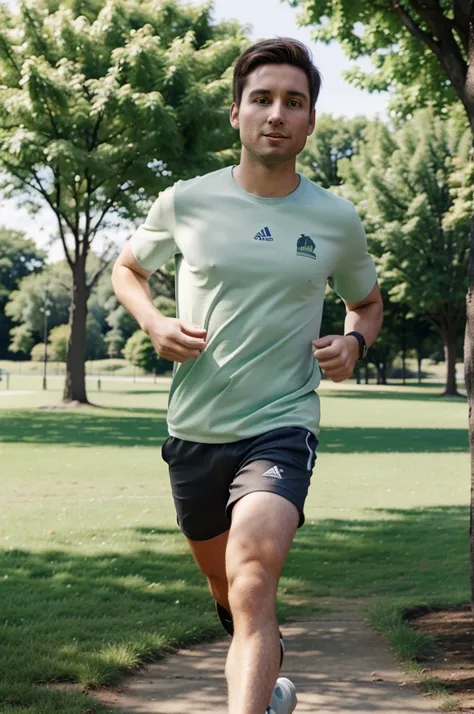 A 30-year-old man with fair skin, light brown short hair, running in a park. He is wearing athletic clothes, such as a t-shirt and shorts, and running shoes. The park has green grass, trees, and a clear sky in the background