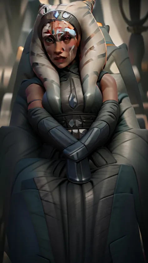 "((ahsoka)) gracefully seated on a sith throne, emanating a powerful aura."