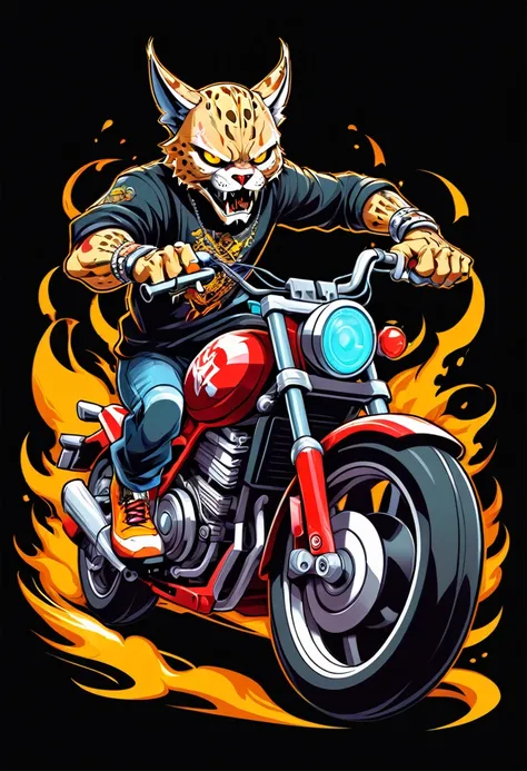 A motorcycle lynx with a skull head, fighting game style, Hip-Hop Style, t shirt design, flat-colors, vectorial art,  ((black backdrop)) . dynamic, Vibrant, full of action, detailed character design, reminiscent of fighting video games