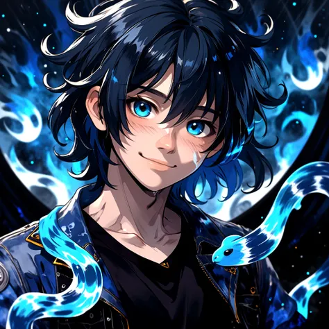 A young man, medium hair, mane hair, messy hair, Sapphire blue eyes, denim jacket, black t-shirt, smile that transmits peace, close view of the face, darkness, digital drawing 