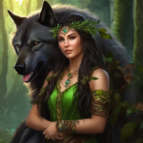 (Beautiful elf druid girl 1.3) hug a big black wolf (Background&#39;Extremely detailed Unity 8k CG display, head of&#39;artwork, best quality, ultra-detailed, beautiful, bright, detailed eyes:1.2), better lighting, (best shadow, an extremely delicate and b...