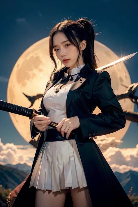 Anime female character with long hair holding a sword in front of a full moon, cute face in Demon Slayer art, Kimetsu no Yaiba, inspired by Demon Slayer, Yoriichi Tsugikuni, Demon Slayer Artstyle, Demon Slayer anime image, Tanjiro Kamado