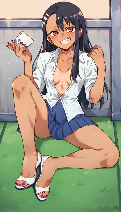 Hayase Nagatoro, White unbuttoned shirt, blue pleated skirt, clear open-toe high heels, red nails 