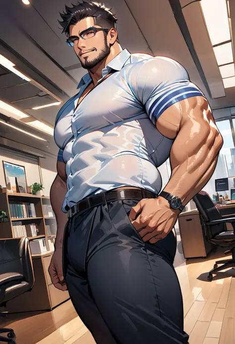 4k, masterpiece, high resolution:1.2, 1 man, solo, bara, muscular, big physique, crew cut hair, facial hair, chest, wide shoulder, biceps, thighs, triceps, butt, black hair, cute smile, friendly, standing in an office, wearing formal trousers, wearing form...