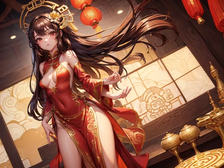 (((depict young girl))), long brown hair, straight hair, brown eyes, Chinese jewelry, sexy pose, small breasts, shy, focused, (nice hips), (show hips), (open hips), (((ftight chinese dress))), red dress, (no underwear), (show breasts), (shape of the nipple...