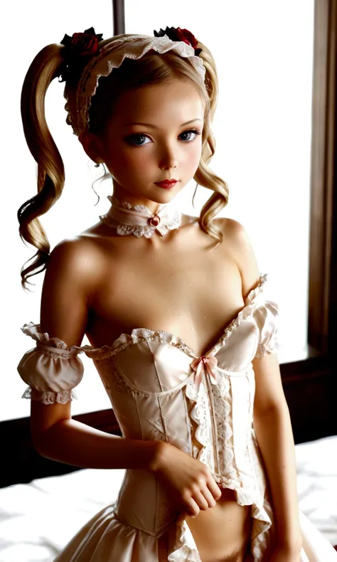 1 blonde twintails loli，beautiful eyes(wear lolita),(pouty),e7e48u，all sweaty，small breasts，，pubic hair