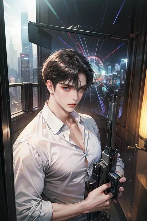 (absurdres, highres, ultra detailed, original character, HDR), 1 boy, solo, adult, handsome, ((tall muscular guy, broad shoulders)), finely detailed eyes, (black hair), hair between eyes, turquoise eyes, holographic, futuristic, casual and sexy outfit, gun...