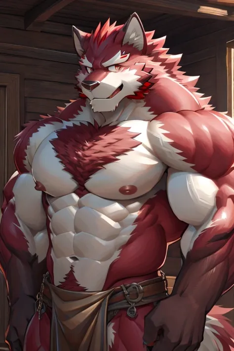 author: Takemoto Arashi, (1 chico), one, lobo, Second male, kemono, hot body, muscle, beautiful, sexual, attractive boy, (detailed crimson eyes), Eyebrows, (Masterpiece, A high resolution, Best Quality), 4k, nipples, bad, beautiful shadow, nipples, focus o...