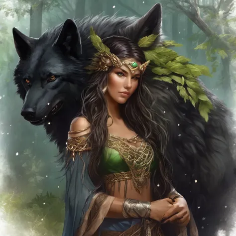 (beautiful elf druid girl 1.3) hug a big black wolf (background&#39;extremely detailed unity 8k cg display, head of&#39;artwork,...