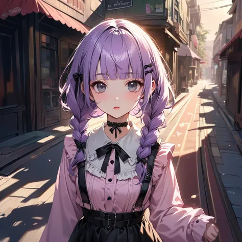  (Cute a girl:1.5), (a chibi girl with closs hair pin, pale purple hair, wavy two braids, blunt bangs hair, green and black eyes, closs hair pin,
pink shirt,cosplay, jirai kei, bangs, black skirt, black bow, looking at viewer, bow, long sleeves, choker, ri...