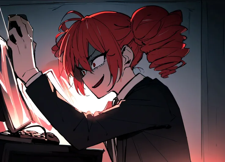 Red hair、Black suit、punch、Scary smile、office、Daytime、Destroying a computer with your handomentum