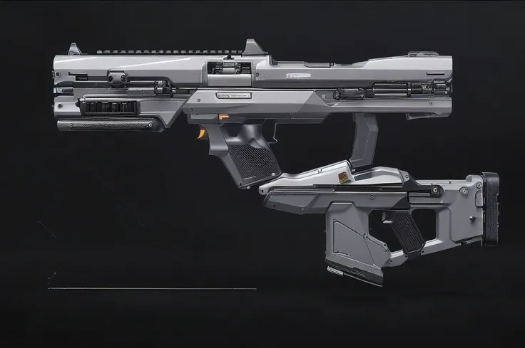 (masterpiece, top quality, best quality, official art, beautiful and aesthetic:1.2),(8k, best quality, no humans,( black background:1.3), gradient, gradient background, weapon, vehicle focus,grey design, Science fiction, gun,bullpup design, 