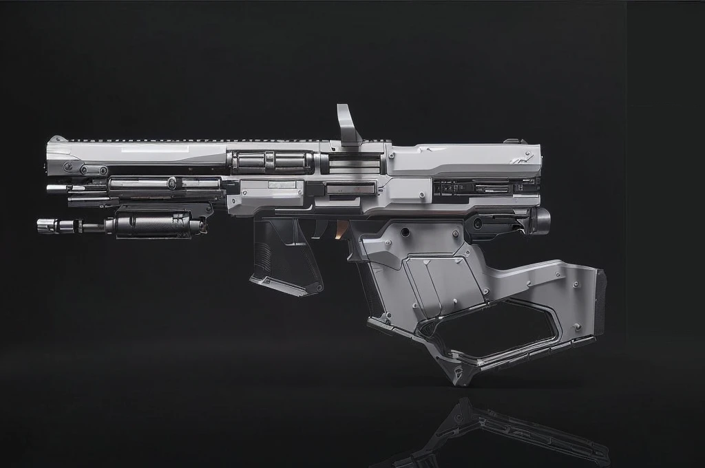 (masterpiece, top quality, best quality, official art, beautiful and aesthetic:1.2),(8k, best quality, no humans,( black background:1.3), gradient, gradient background, weapon, vehicle focus,grey design, Science fiction, gun,bullpup design, 