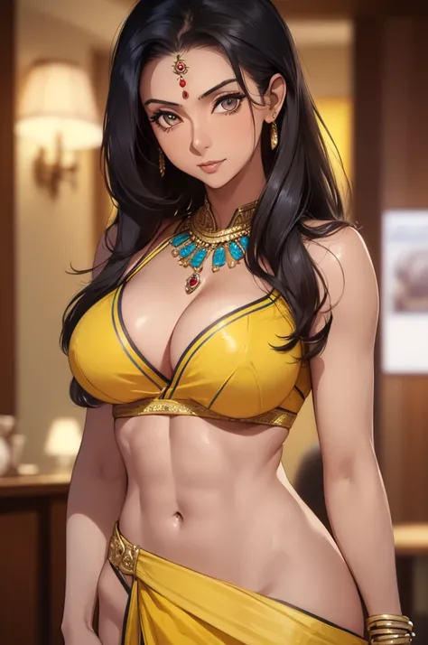 (masterpiece, best quality, detailed illustration, high resolution), ((1girl, solo)), ((huge breasts, slim waist, long legs, fit body, toned body)), ((black hair)), ((yellow saree)), ((full body, closeup view)), ((standing)), ((looking at the viewer, facin...