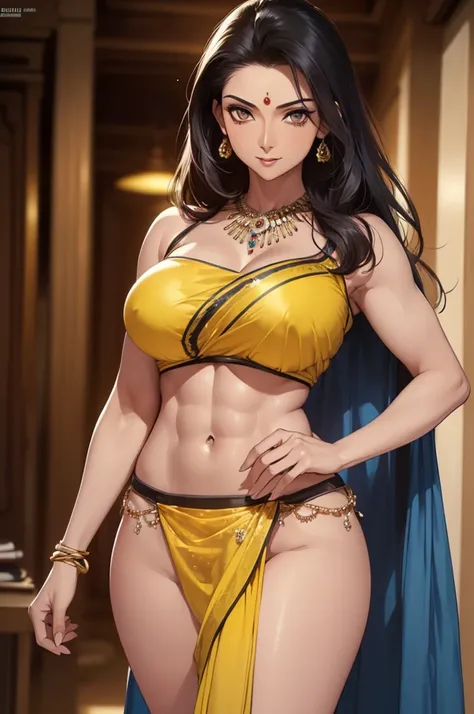 (masterpiece, best quality, detailed illustration, high resolution), ((1girl, solo)), ((huge breasts, slim waist, long legs, fit body, toned body)), ((black hair)), ((yellow saree)), ((full body, closeup view)), ((standing)), ((looking at the viewer, facin...