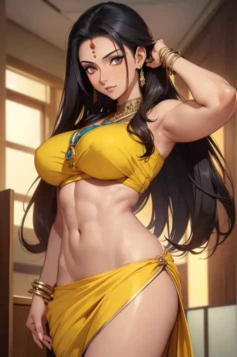 (masterpiece, best quality, detailed illustration, high resolution), ((1girl, solo)), ((huge breasts, slim waist, long legs, fit body, toned body)), ((black hair)), ((yellow saree)), ((full body, closeup view)), ((standing)), ((looking at the viewer, facin...