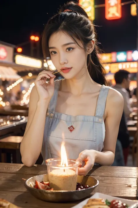 (((best quality))),(((ultra detailed))),(((masterpiece))),illustration,1girl,summer night,metropolis,barbecue joint,beautiful girl,humble,vibrant energy,city that never sleeps,beautiful,casual ponytail,checked apron,sleeveless top,slender figure,lightweigh...