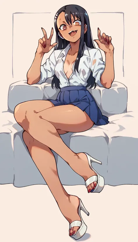 hayase nagatoro, white unbuttoned shirt, blue pleated skirt, clear open-toe platform high heels, red nails