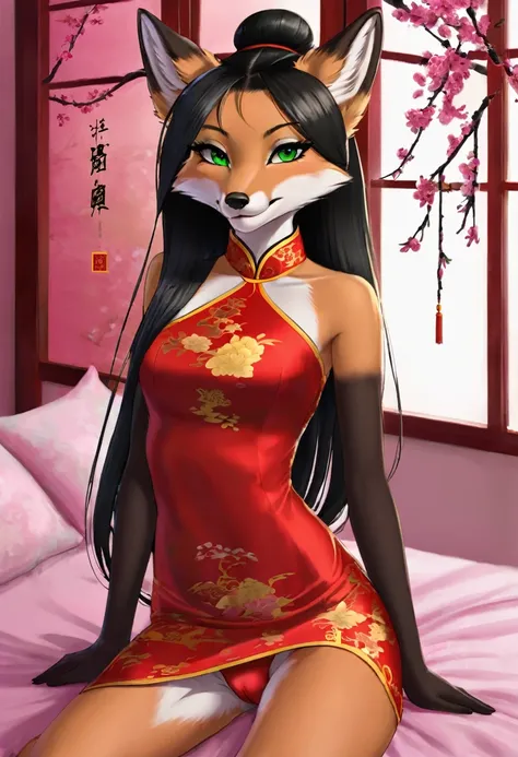 Anthropomorphic fox, man, thin, slim, green eyes, long smooth hair, black hair styled in a Chinese bun, dressed in Chinese dress, china dress, half stripped, sitting on the bed, seductive pose, spread my legs, Womens panties, silk panties, bulge on panties...