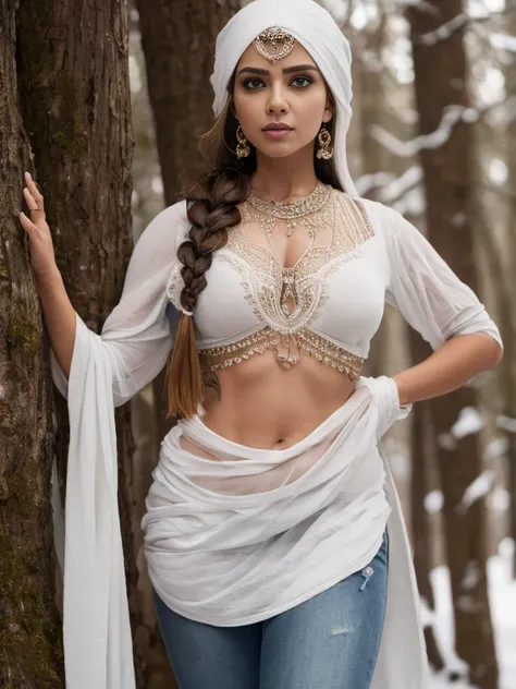 Best quality, portrait, masterpiece, 1 indian girl, solo, indian, walking on winter snowy forest, river flowing, braid hair, soft body, looking straight at the viewer, big eyes, white shirt and jeans, winter headwear, fully tattooed hands, 8k resolution, d...