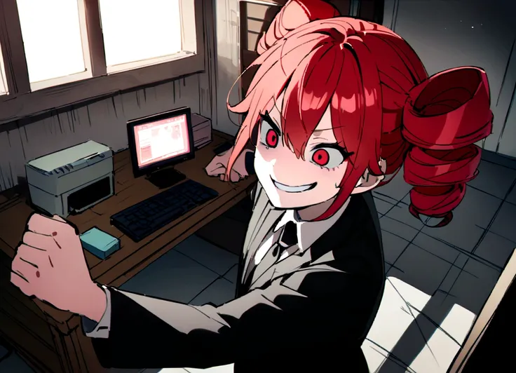 Red hair、Black suit、punch、Scary smile、office、Daytime、Throw a computer