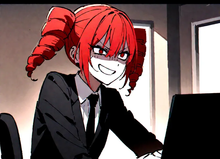 red hair、black suit、punch、scary smile、office、daytime、throw a computer