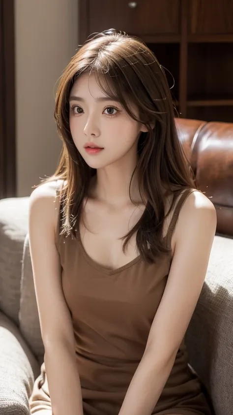 A girl sitting on a couch，Brown hair，High nose bridge，big eyes，Sexy and charming