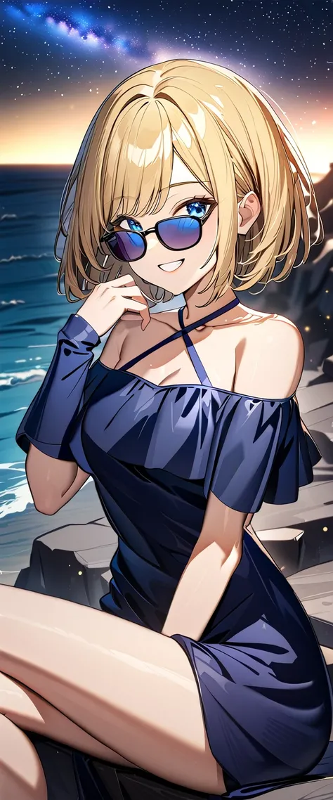 ((grin)), ((off-shoulder dress:1.3, criss-cross halter)), ((sundress)), ((blond hair, bob cut:1.3)), ((sunglasses, hand to sunglasses)), (((from side))), ((((upper body)))), bare legs, (()), (((a beautiful starry sky, the Milky Way shining beautifully in t...