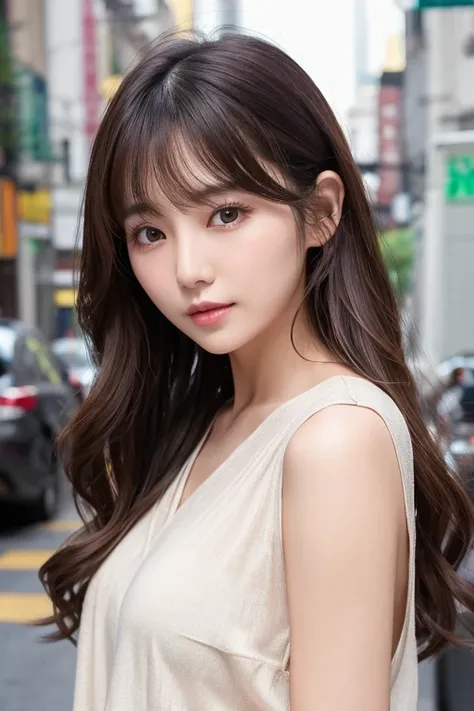 Woman in her early 30s、curtain bangs、dark brown hair、loose wavy hair、Korean Constriction Hair