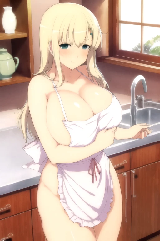 masterpiece, Highest quality, Reading (Senran Kagura), One girl, alone, Blonde, Green Eyes, In the kitchen，(smile), blush, Big Breasts,from the front,((Naked with an apron)), ((Sideboob)), ((Cleavage)),