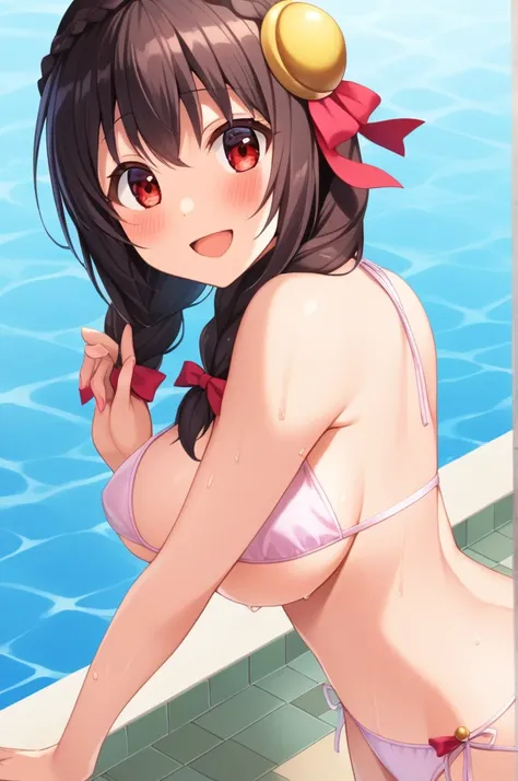 alone, One girl、Crown braids in the same color as your hair, hair ornaments, Hair Ribbon, (White and pink bikini),Red Eyes、Black Hair、(A very happy face:1.4)、(blush:1.2)、C cup breasts、Pool、(Look Back)、Splash、Wet